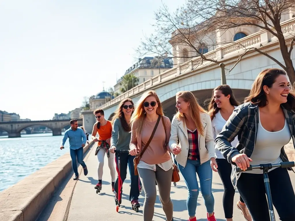 A group of skaters enjoying a city ride along the Seine River in Paris, showcasing the fun and social aspect of the activity.