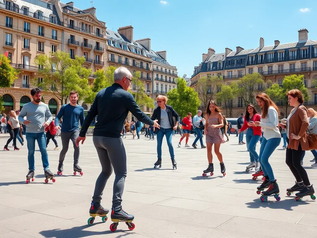 A diverse group of skaters participating in an urban roller skating class in a Parisian setting, with an instructor providing guidance.