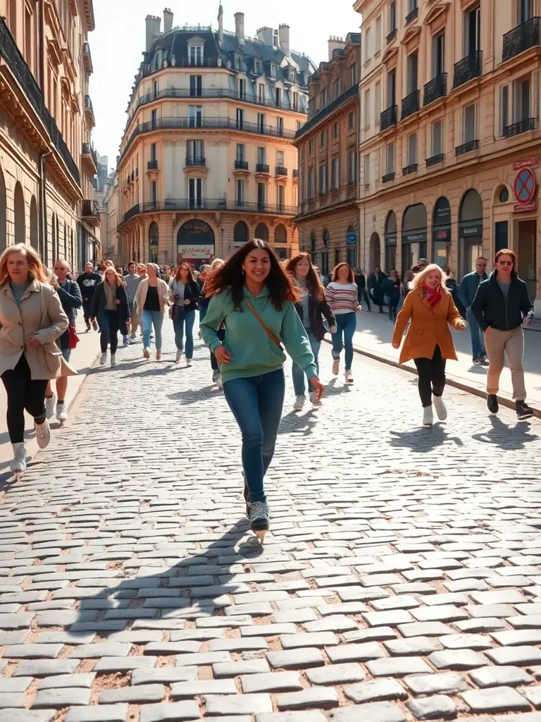 A diverse group of skaters practicing in a scenic Parisian street, demonstrating various skating techniques. The image should convey a sense of community and skill-building.