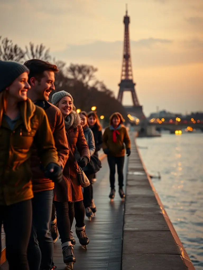 A lively group of skaters enjoying a city ride along the Seine, smiling and socializing. The image should capture the fun and inclusive atmosphere of the group ride.