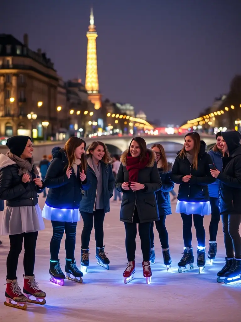A group of people roller skating at night in Paris with led lights on their skates and smiling. The image should convey a sense of community and fun.