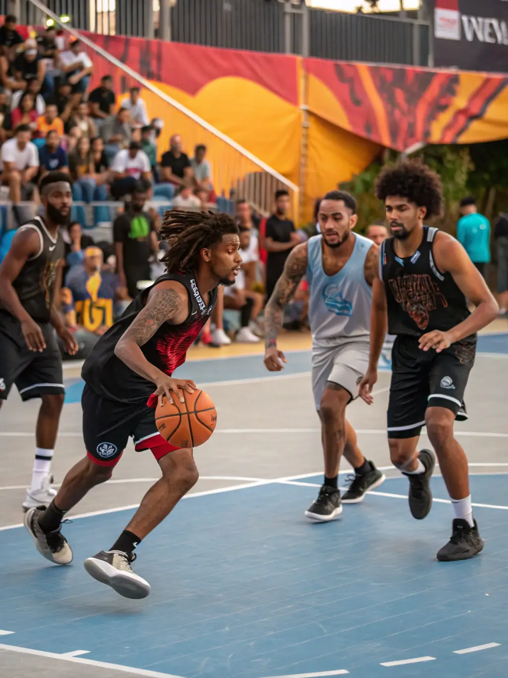 A diverse group of adults participating in a basketball game at a community center, emphasizing inclusivity and active participation.