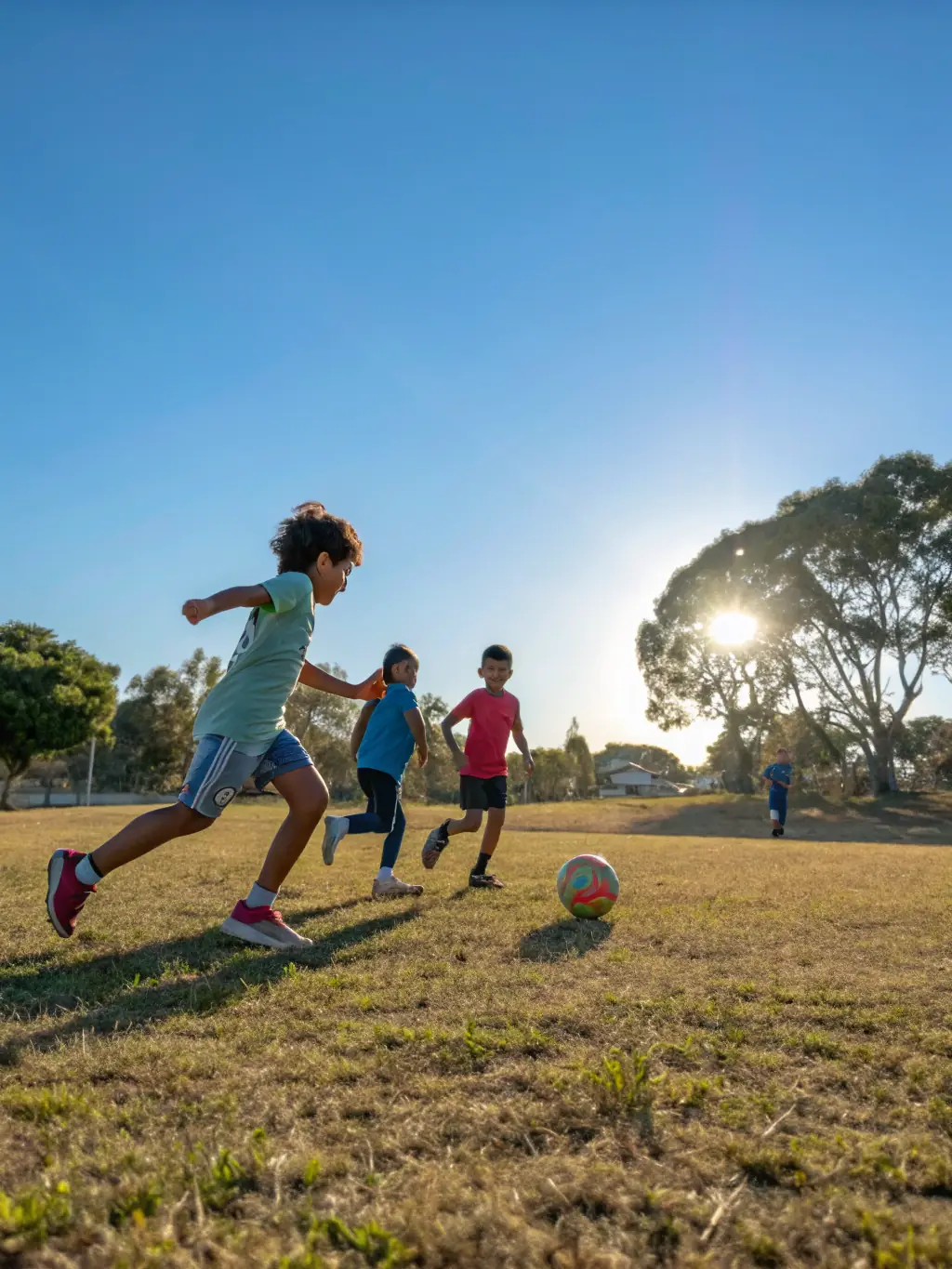 A dynamic image of children playing soccer in a local park, showcasing teamwork and youthful energy.