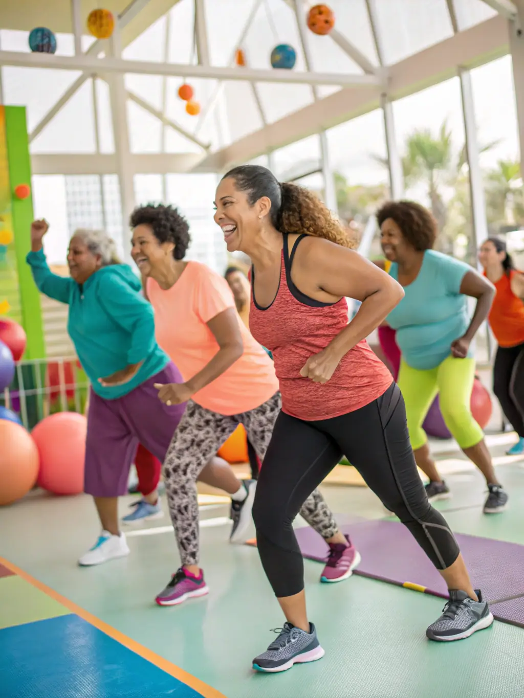 A vibrant photo capturing a group fitness session in a park, showcasing diverse participants engaged in a Zumba class, with the instructor leading energetically.