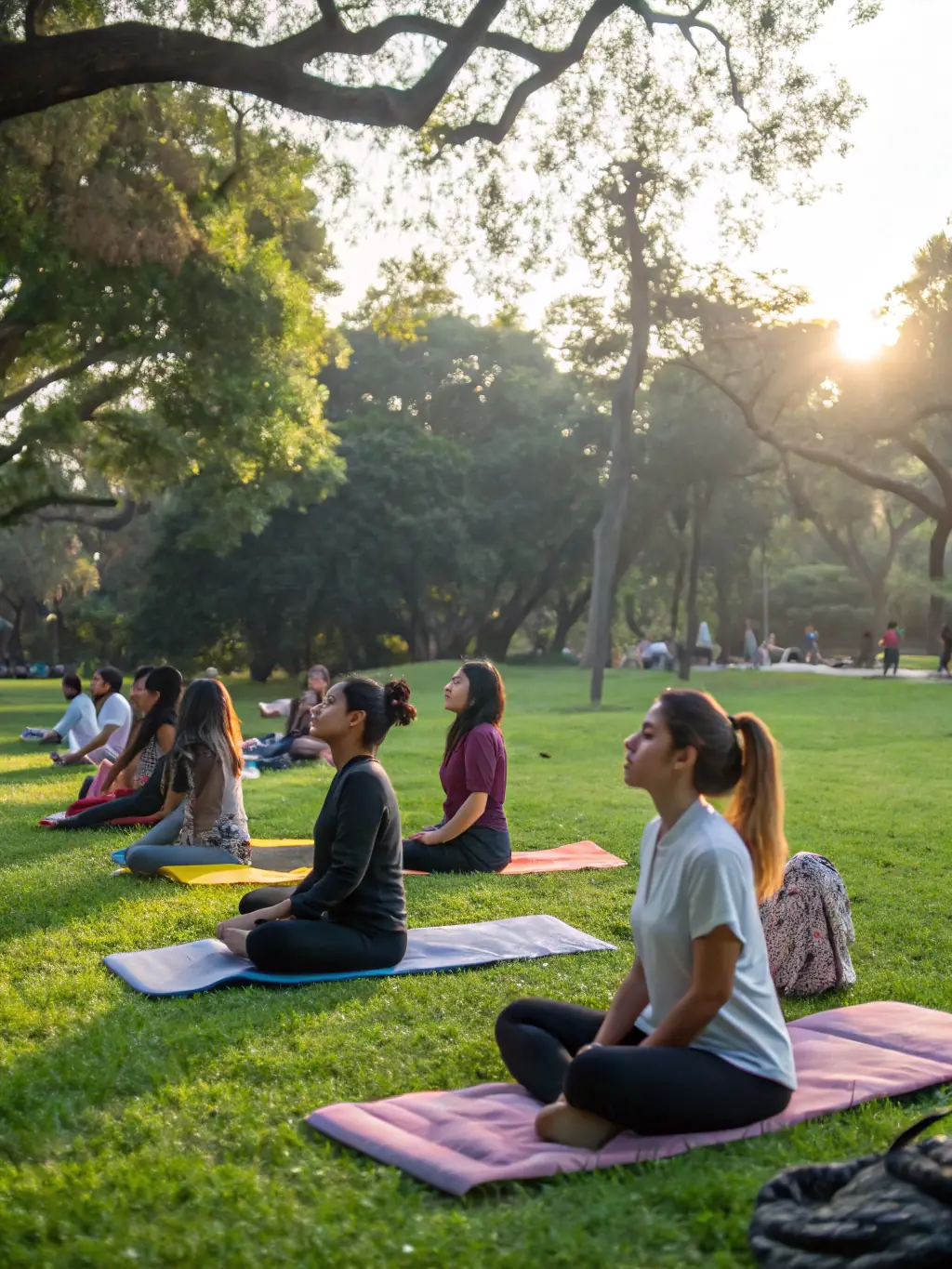 A group of people participating in a yoga session at sunrise, with a serene landscape in the background, promoting wellness and mindfulness.