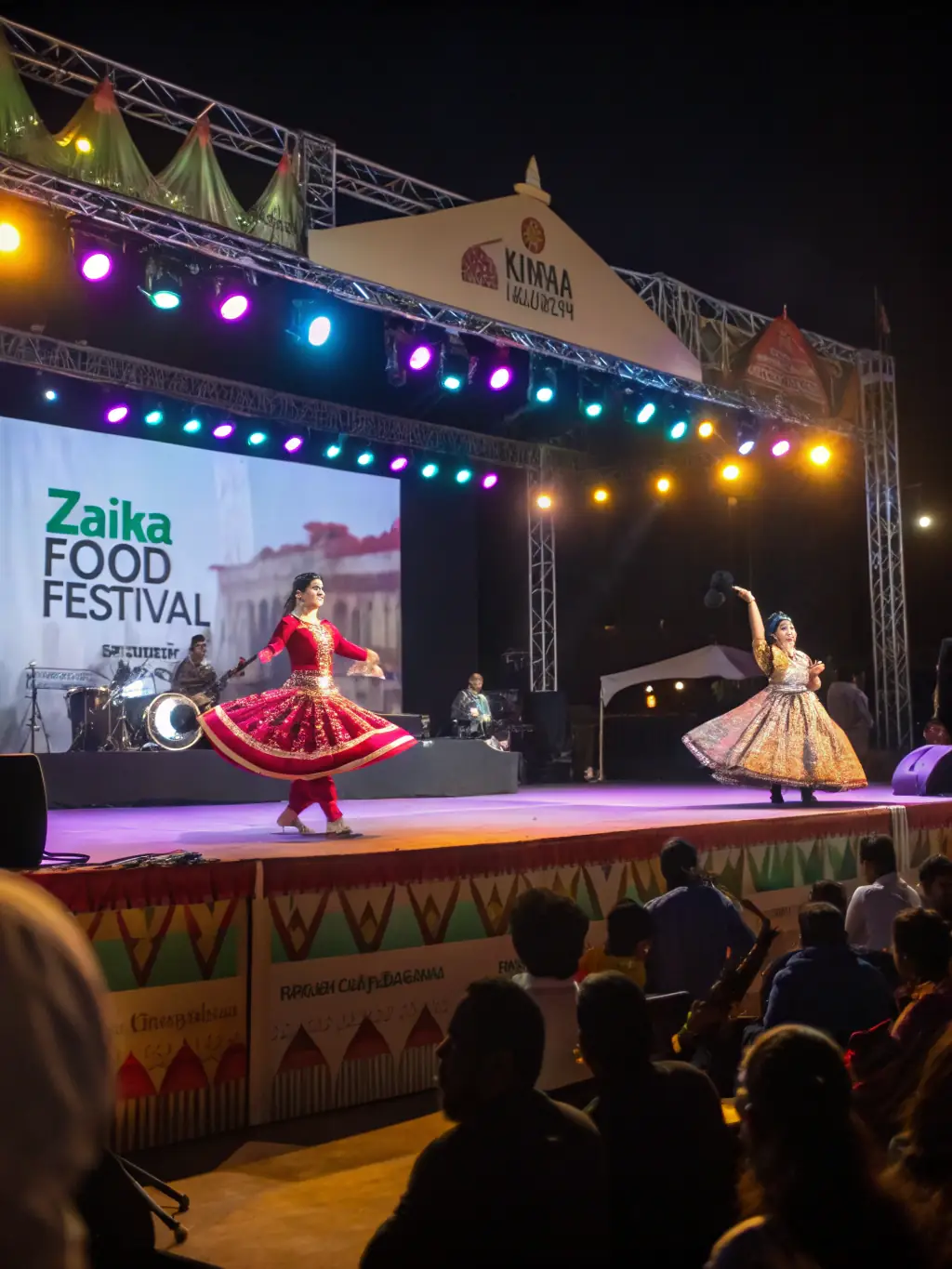 A colorful photo of a cultural festival, showing traditional dancers performing on a stage, with food stalls and craft vendors in the background.
