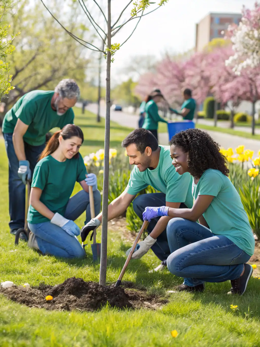 A group of volunteers from LAON ON FIRE planting trees in a local park, demonstrating their commitment to environmental sustainability and community improvement.