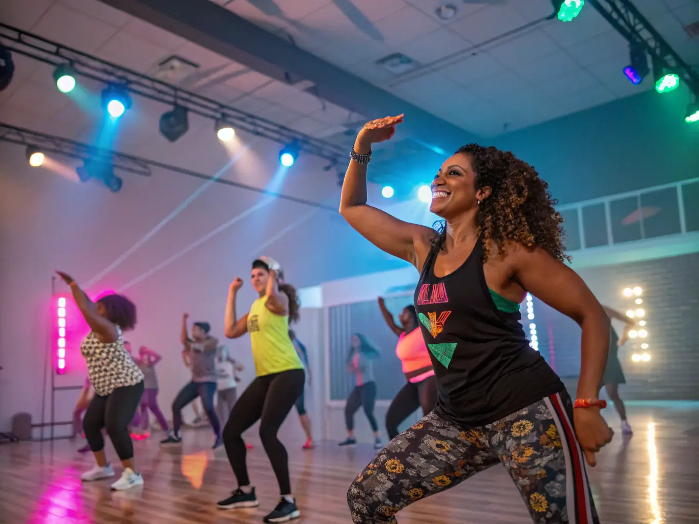 A group of people participating in a Zumba class at LAON ON FIRE, with a focus on the energetic instructor and the diverse participants.