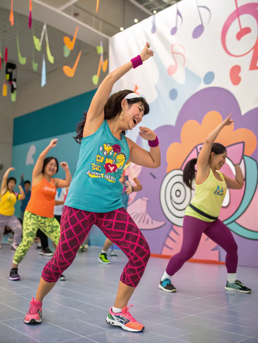 A vibrant photo showcasing a group of diverse individuals participating in a high-energy Zumba class at LAON ON FIRE, with the instructor leading from the front and participants smiling and moving enthusiastically.