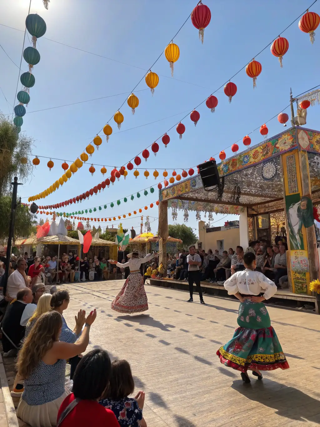 A heartwarming image of community members of all ages participating in a local cultural festival organized by LAON ON FIRE, featuring traditional music, dance, and food stalls.