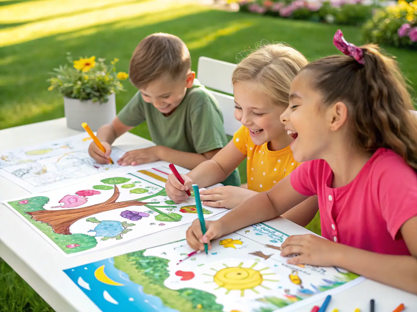 A group of children happily painting and drawing during an arts and crafts session at JCJET, showcasing creativity and engagement.