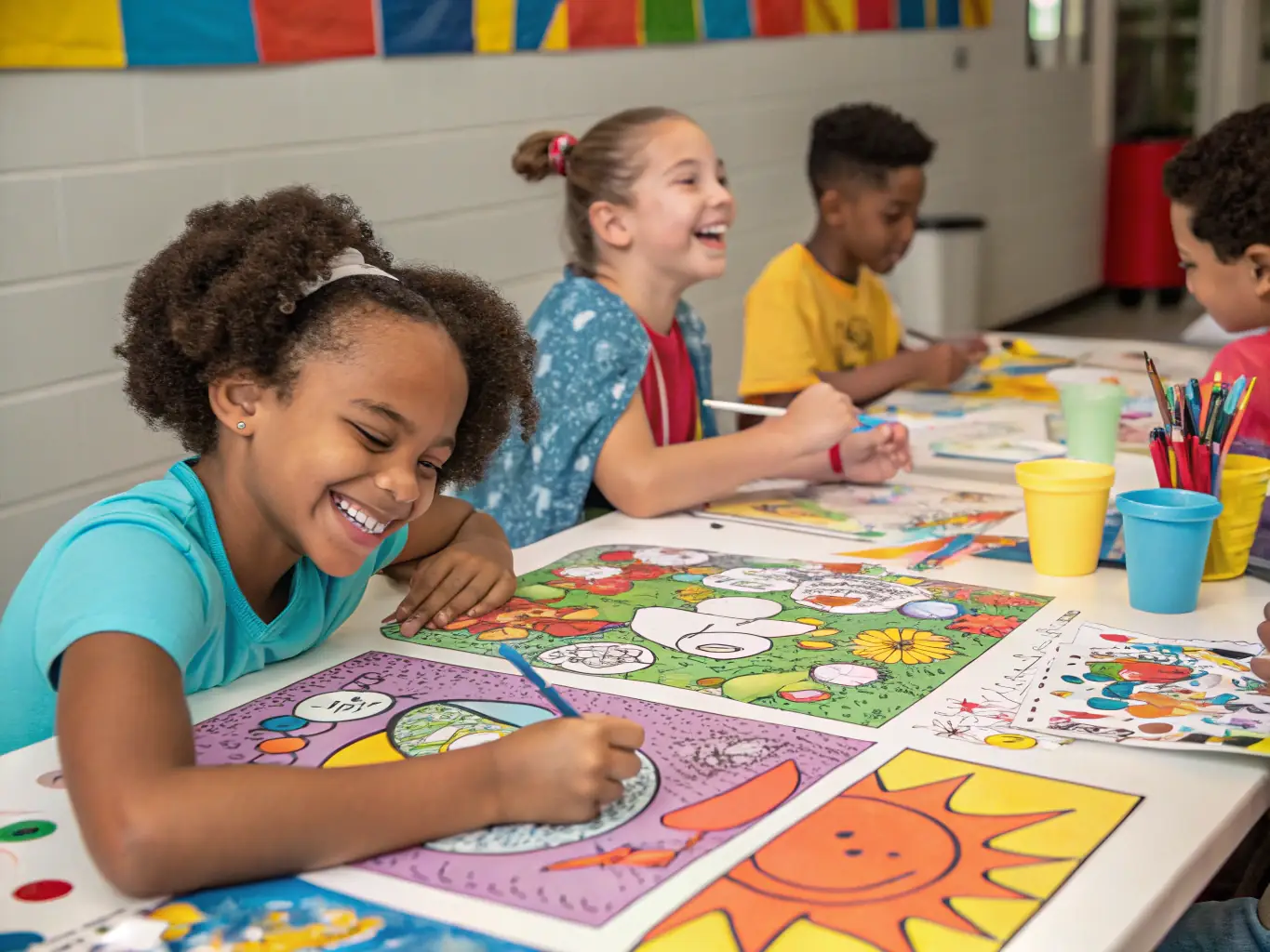 A group of children participating in an arts and crafts session, smiling and engaged in their creative projects, set in a brightly lit and welcoming community center.