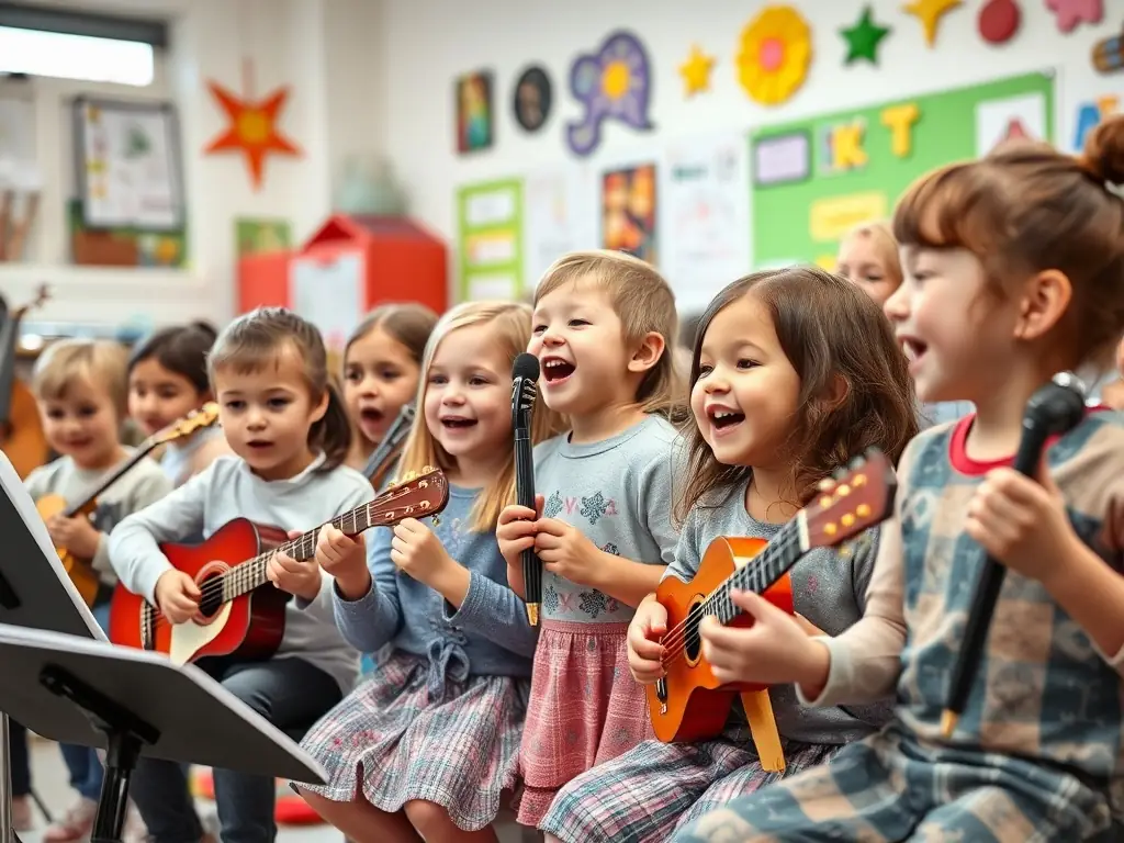 Children participating in a music workshop, learning to play instruments and sing together, emphasizing the musical opportunities at JCJET.