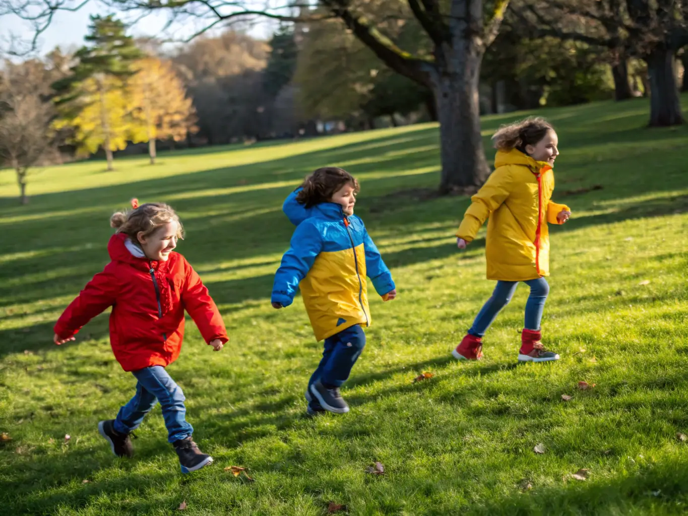 A vibrant scene of children playing various sports in a park, highlighting the physical activities offered by JCJET.