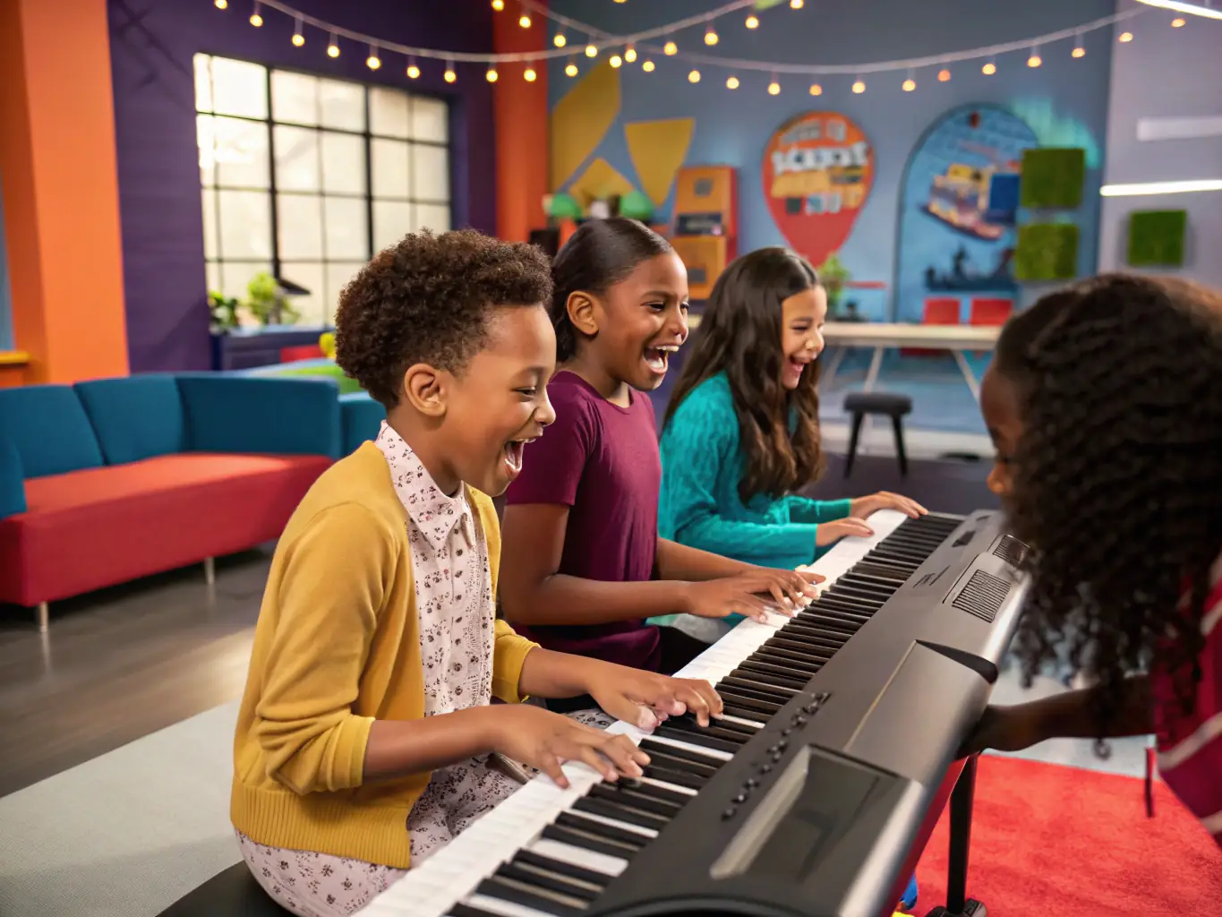 A group of young people participating in a music workshop, playing instruments and singing together, highlighting the joy and collaborative nature of musical expression.