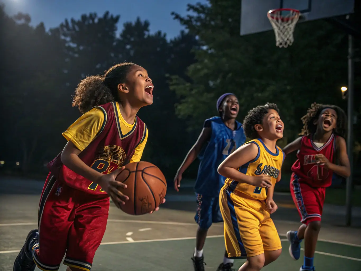 A dynamic image of children playing various sports outdoors, showcasing teamwork and physical activity, with a focus on fun and healthy competition.