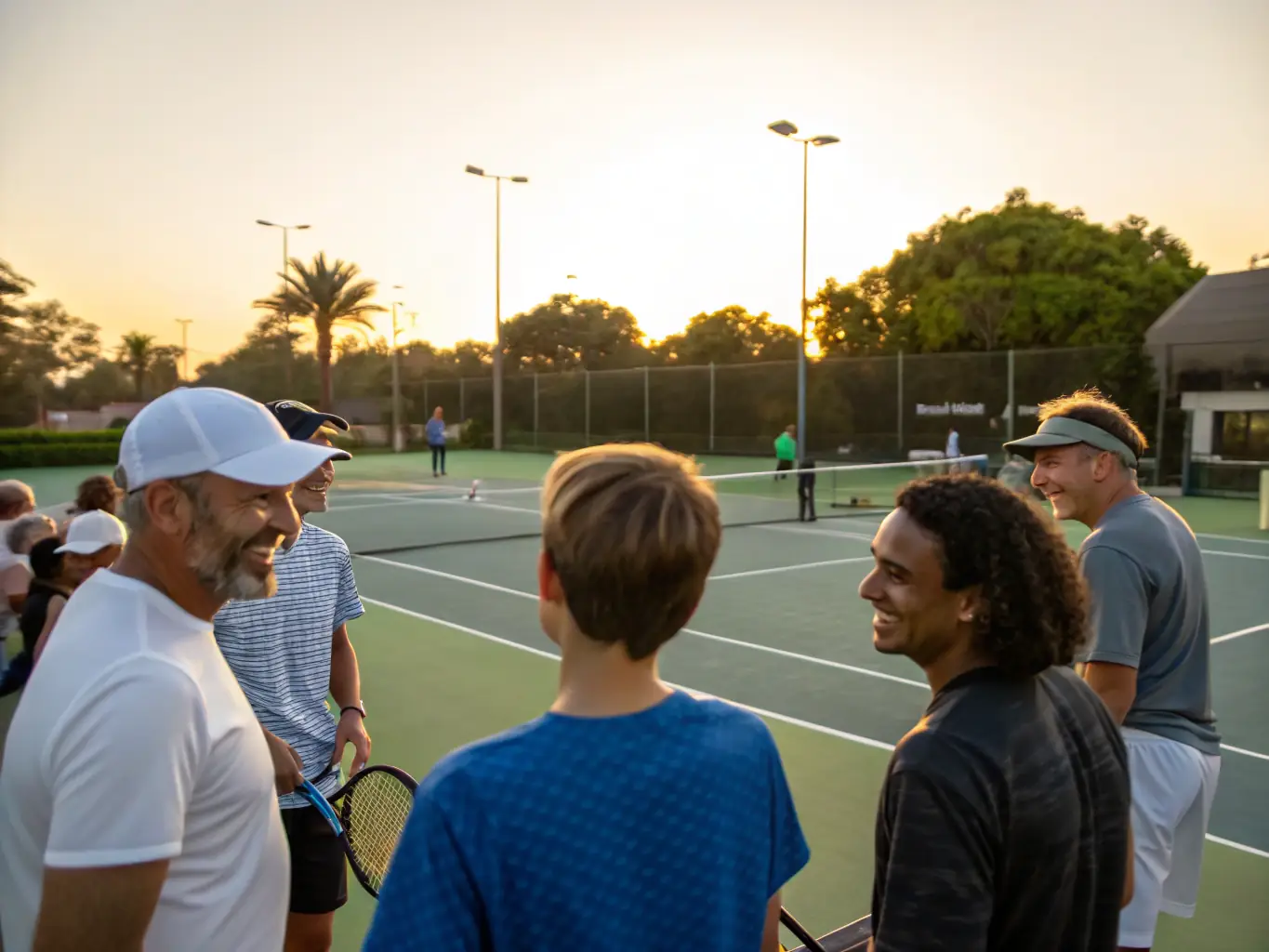 A diverse group of people laughing and socializing after a tennis match, highlighting the strong social connections fostered at LA TOUR TONIQUE.