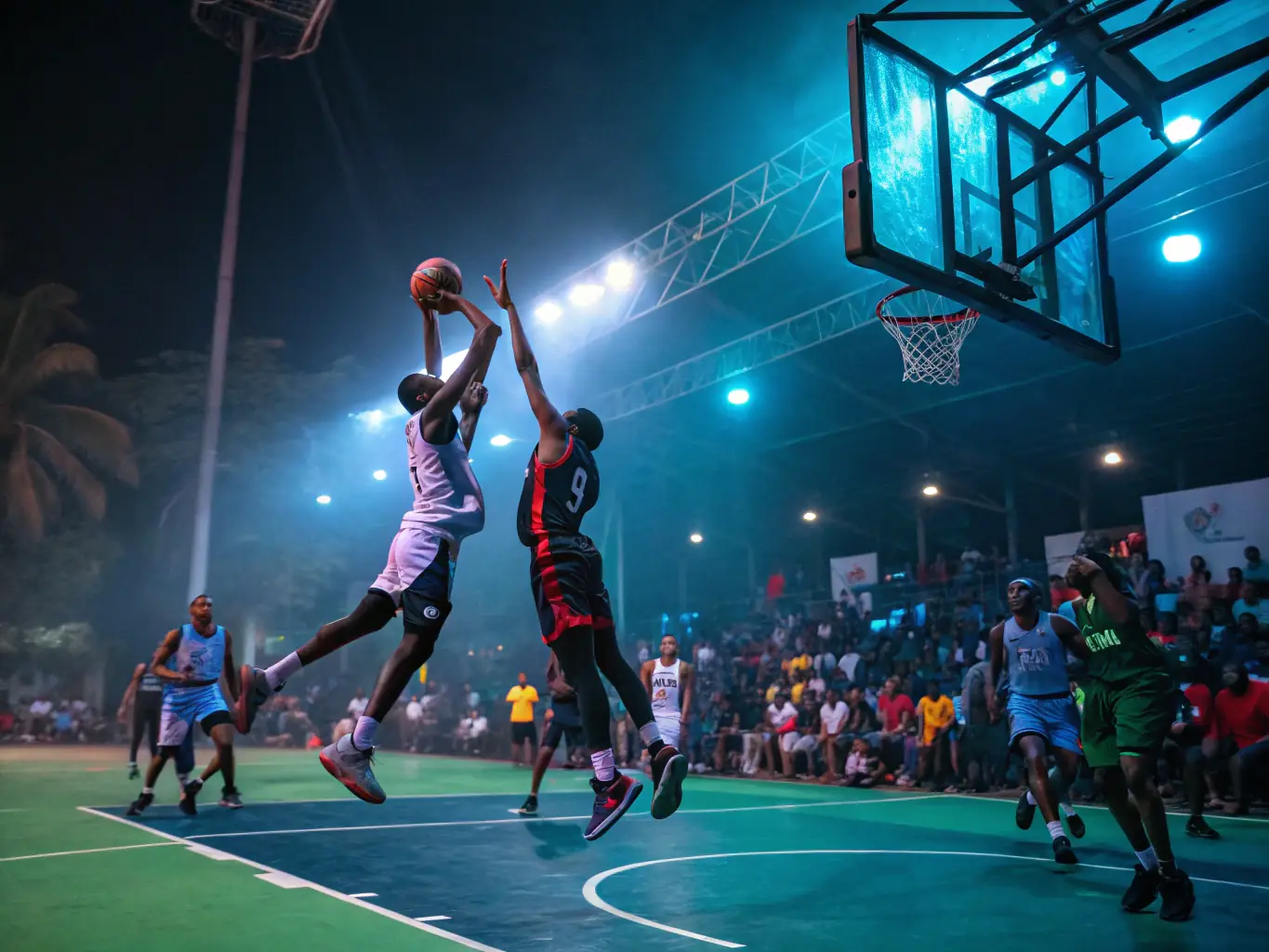 A dynamic image of participants engaged in a basketball game indoors, highlighting teamwork and competitive spirit.