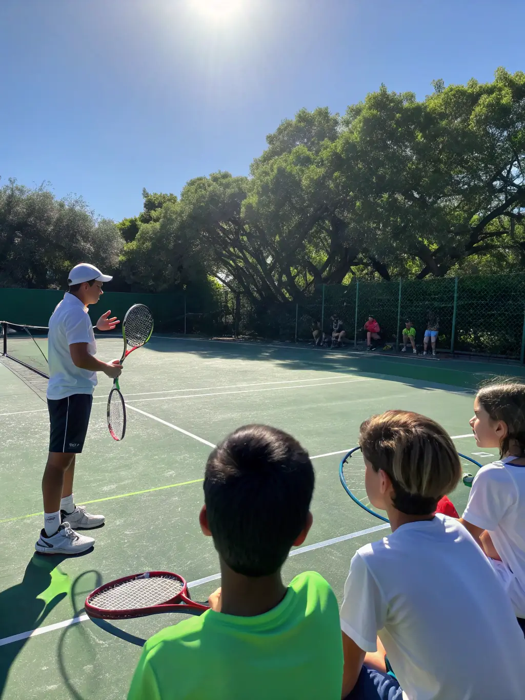 An action-packed image of participants engaged in a tennis lesson, demonstrating proper technique and enthusiasm at LA TOUR TONIQUE.