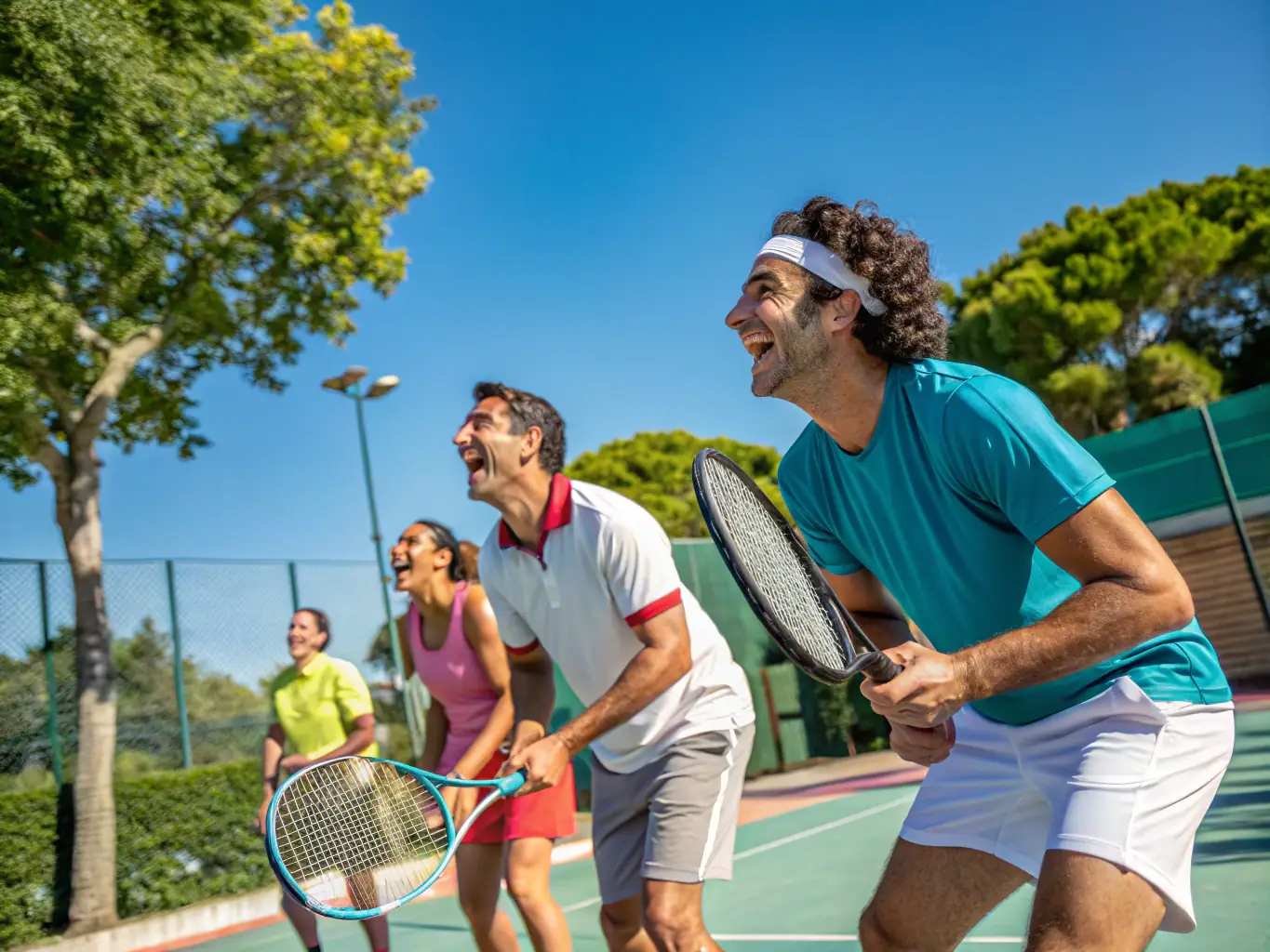 A vibrant photo of community members playing soccer and tennis outdoors, showcasing active participation and camaraderie.