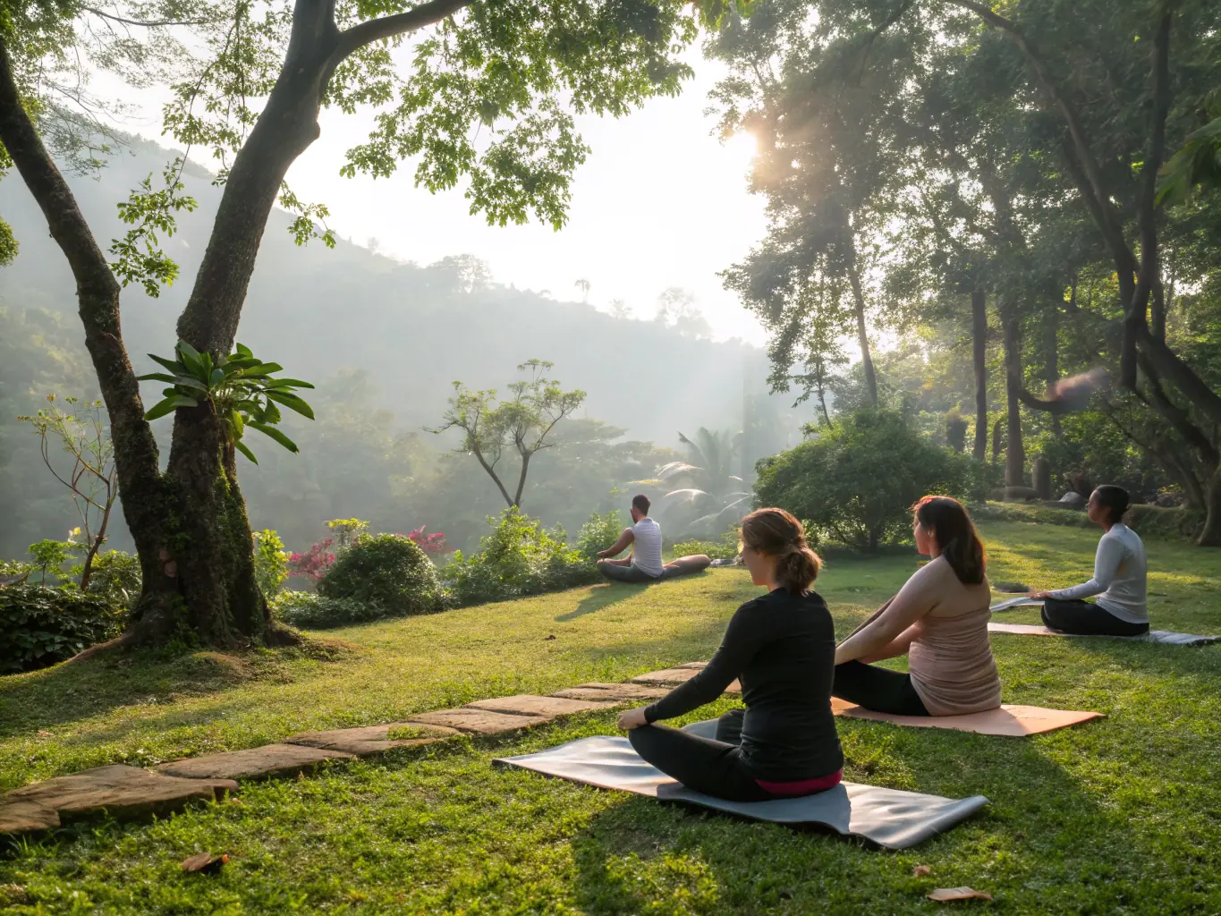 A serene photo of individuals practicing yoga and stretching outdoors, emphasizing relaxation and wellness.