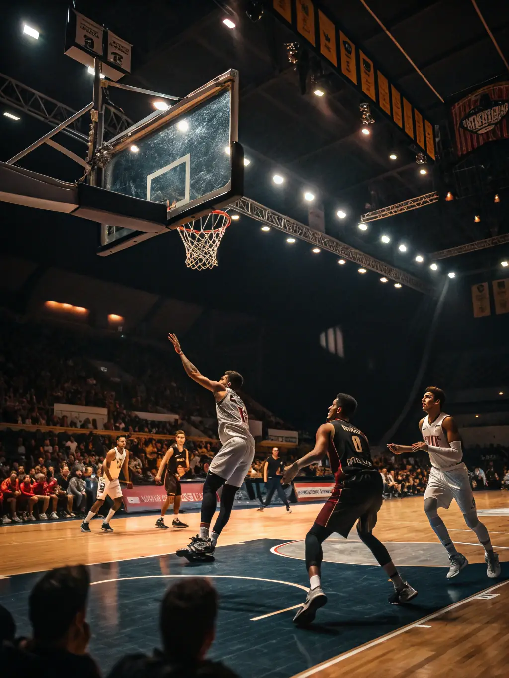 A dynamic shot of adults playing a competitive basketball game in the LA TOUR TONIQUE gymnasium.