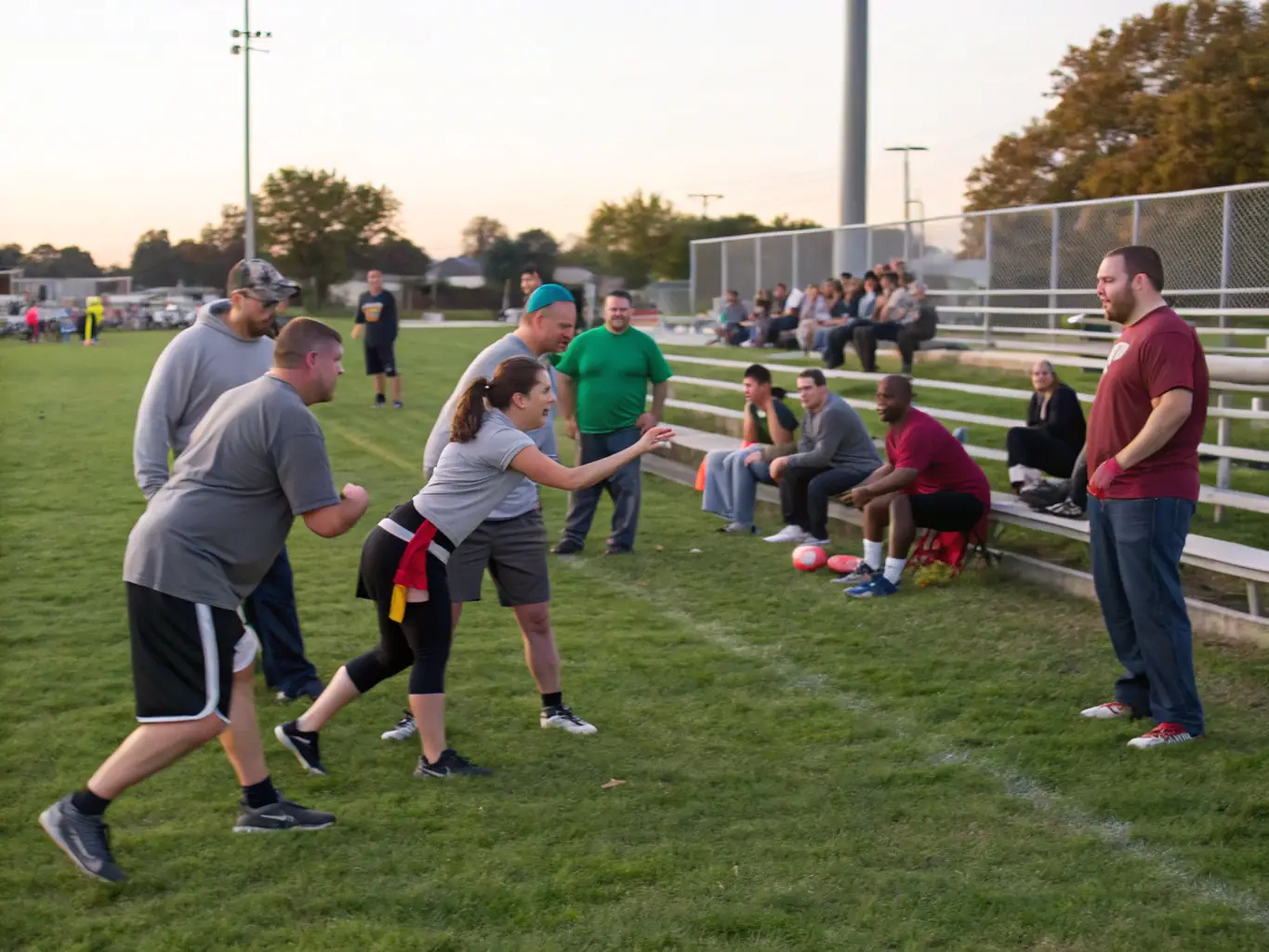 A group of diverse individuals participating in a friendly soccer match on a sunny day, showcasing the inclusive and active community at LA TOUR TONIQUE.
