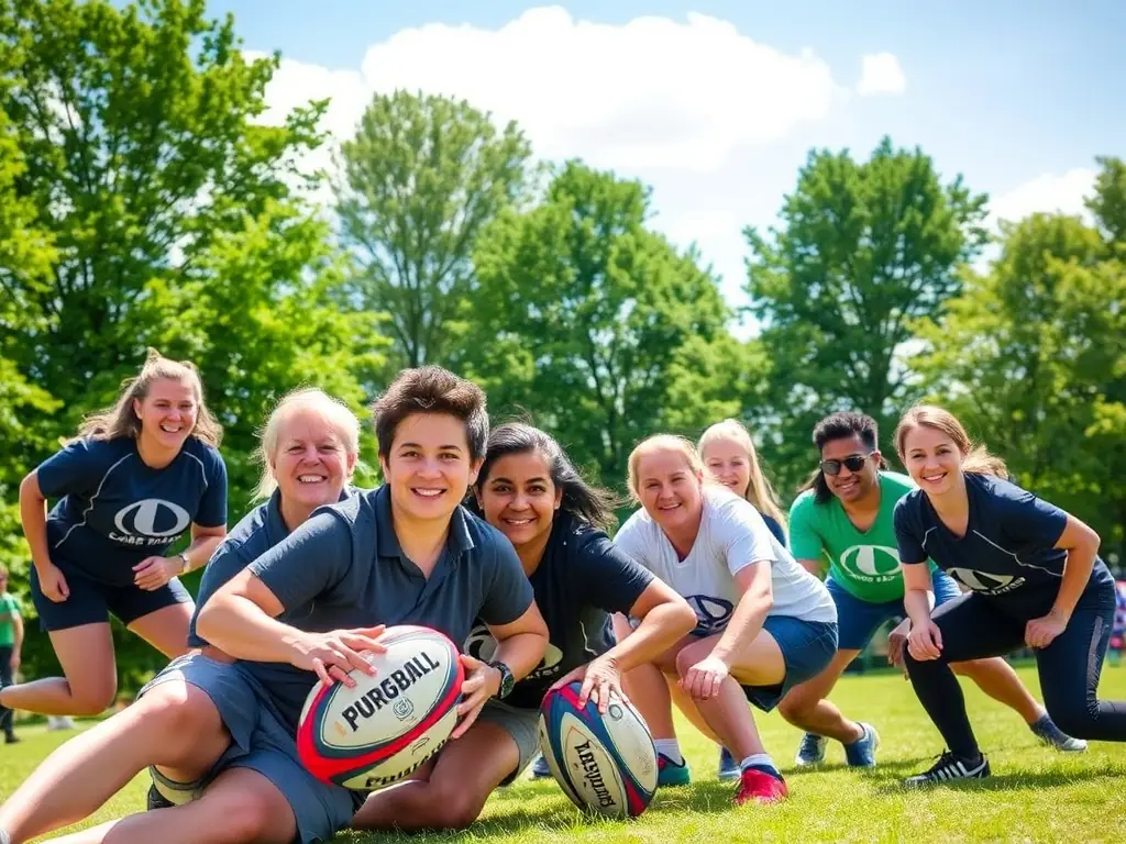 A photo of people with diverse abilities participating in adaptive rugby and social games outdoors, representing the Inclusive Recreational Activities.