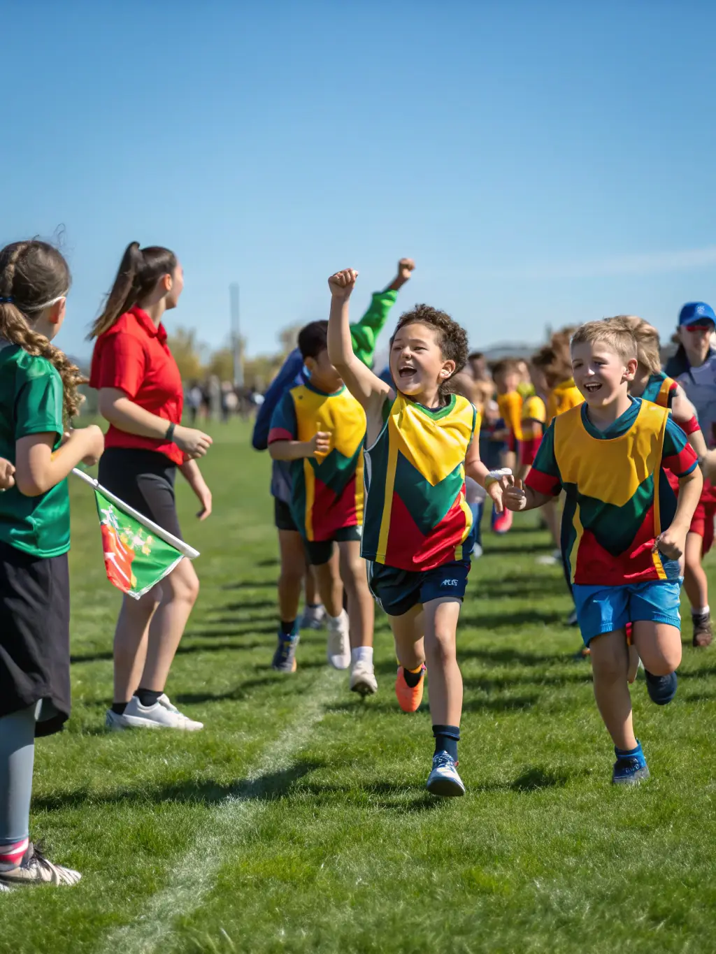 A vibrant image of children and teenagers playing rugby on a sunny field, smiling and cheering together, representing the Youth Sports Development Program.