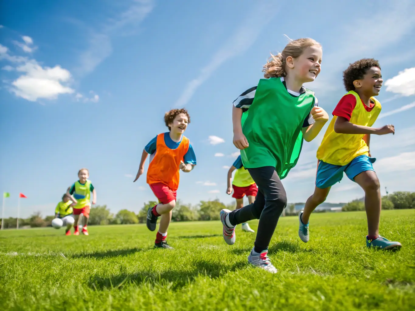 A vibrant image of children and teenagers playing rugby on a sunny field, smiling and cheering together, representing the Youth Sports Development Program.