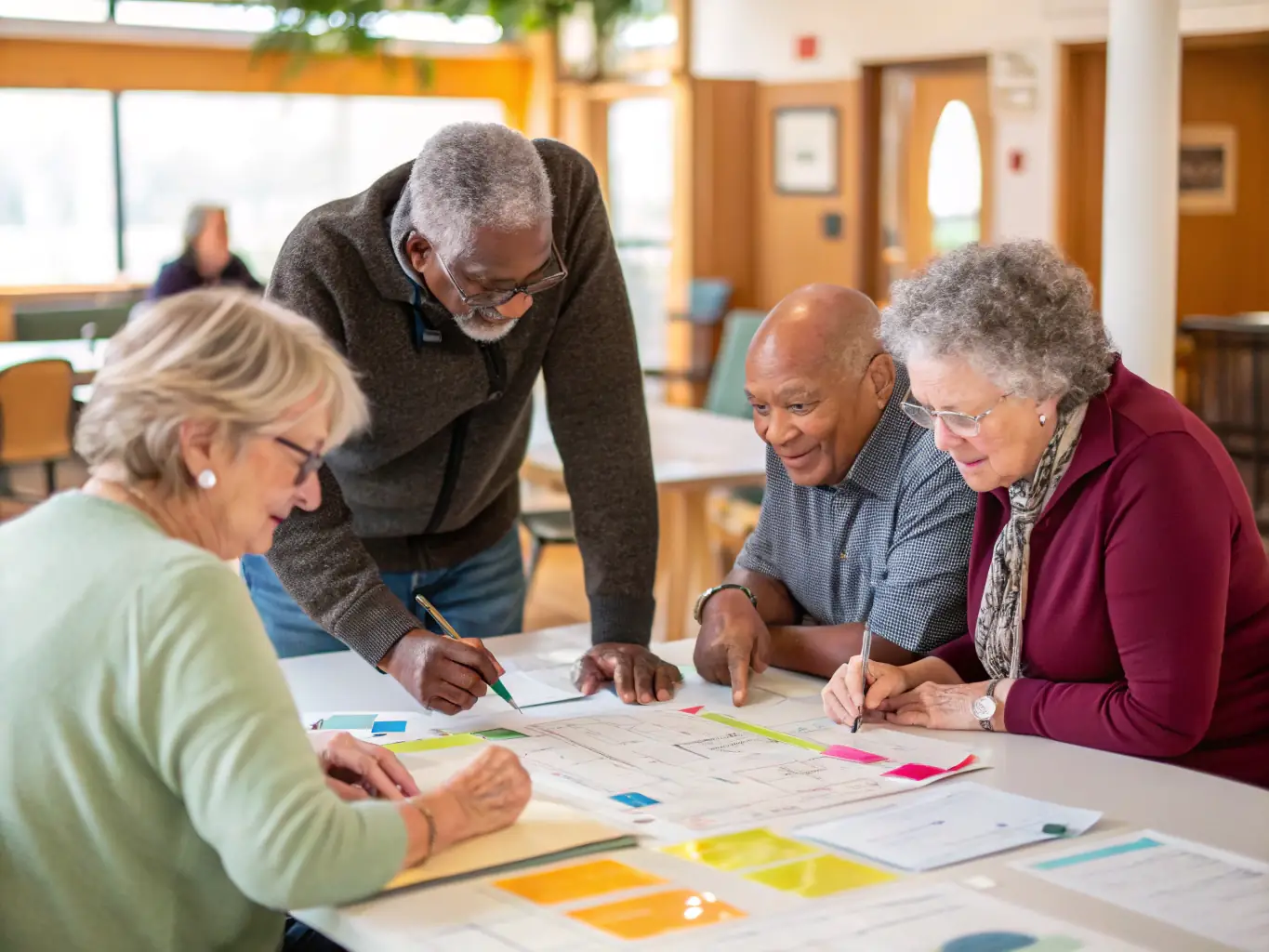 An image of a diverse group of adults and seniors participating in an interactive workshop led by a facilitator, representing the Community Education Workshops.