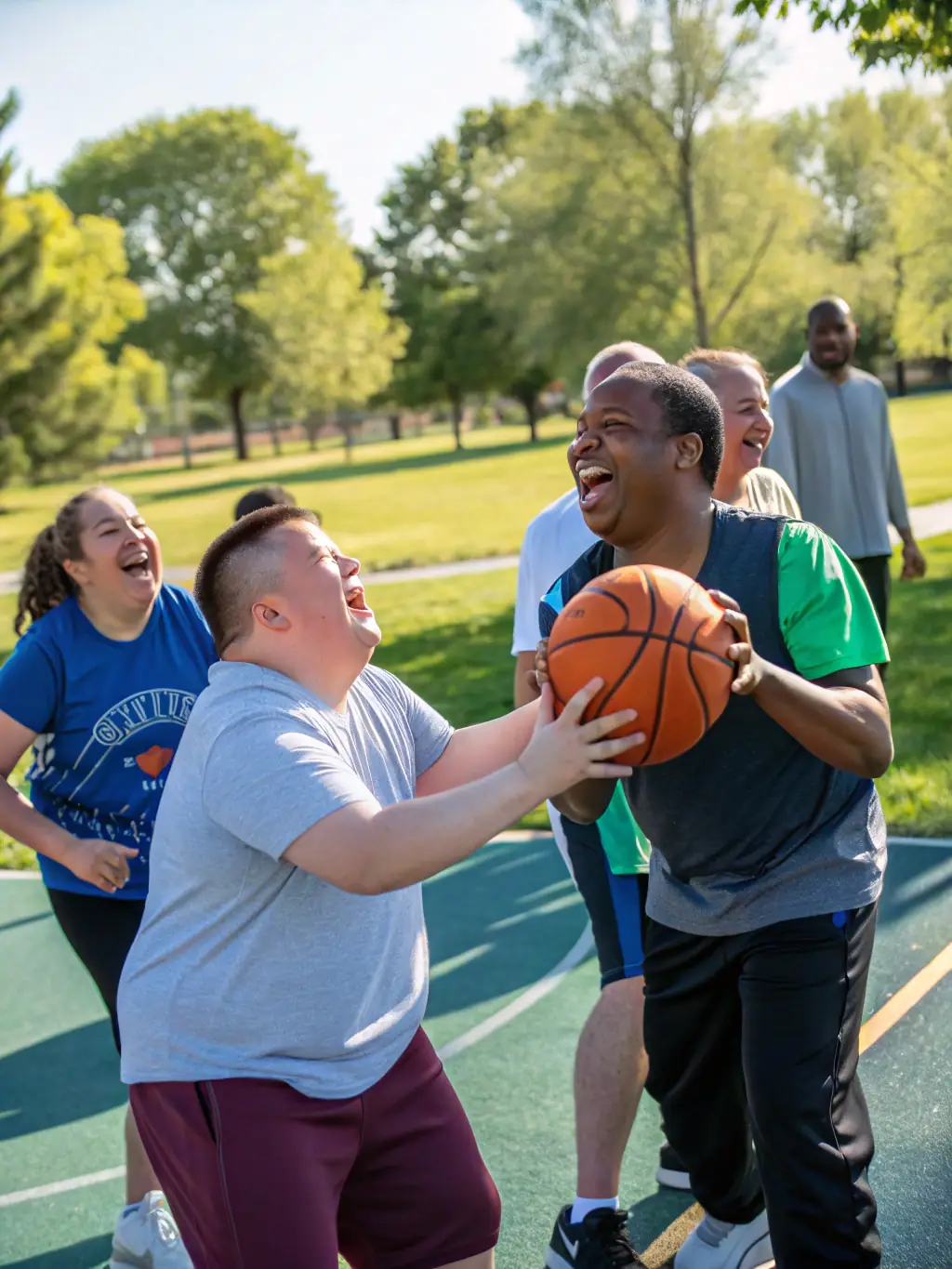A photo of people with diverse abilities participating in adaptive rugby and social games outdoors, representing the Inclusive Recreational Activities.