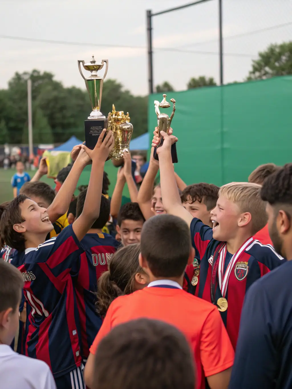 A group of young rugby players celebrating a victory, showcasing the positive outcomes of the Youth Sports Development Program.